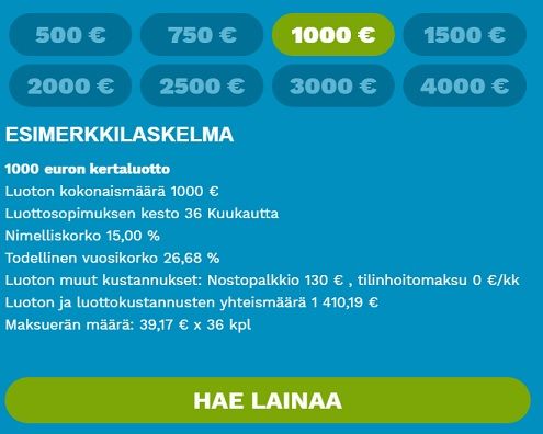 Lainalaskuri laskee aina esimerkkilainalaskelman selvästi ruudulle.