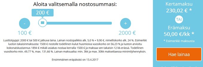 Valitse lainasumma ja anna palaa.